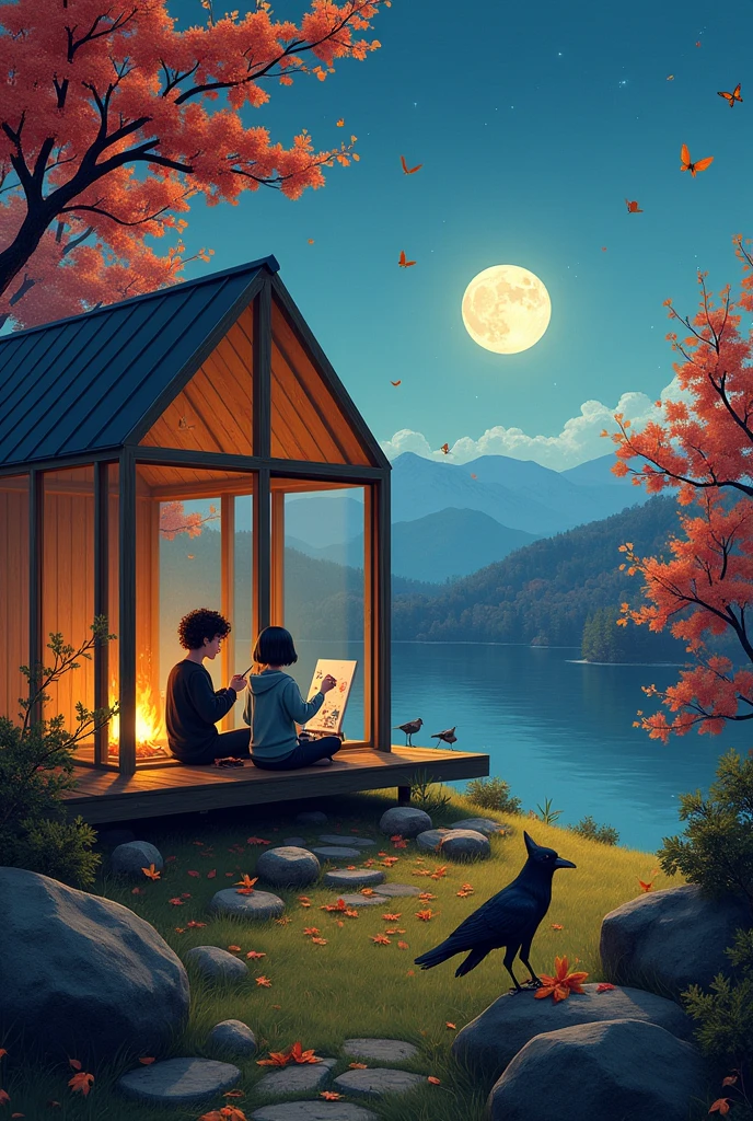 A Brazilian woman in a lush tropical garden, wearing an open shirt with a floral print, with a close-up capturing the harmonious beauty between her breasts and the natural flowers, showing off your natural charm and outgoing personality.Autumnal Landscape Under the Moon: On an autumn night, a couple stands in a glass cabin softly lit by a crackling fire. Do lado de fora, a forest full of cherry trees with colorful leaves falling in the wind. in the sky, the full moon shines brightly next to Saturn, surrounded by stars and a soft mist. Butterflies and crows fly around the cabin, while a wolf watches silently. The girl, with short black hair with white highlights, wearing a capybara sweatshirt, paints a picture of a cat looking out the window, while the boy, with curly hair and a mustache, reads an astronomy book, wearing a black shirt with space print. The style of the image combines the detailed touch of Van Gogh with the nuances of an RPG landscape., involving solitude and mystery.