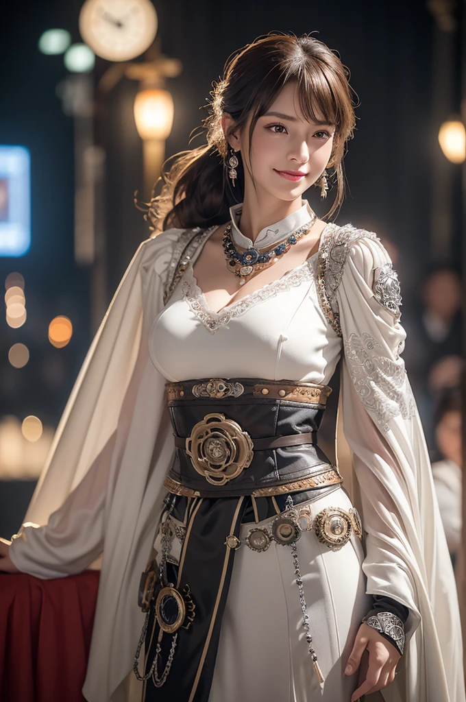 Woman portrait、Highest quality、8k, clear, Fine skin、Clear, beautiful eyes、The beauty of a smile、Bright beautiful face、whole body、Curly Hair、My hair was messed up by the wind、(Big Breasts、Muscular、tall),(Hip_superior, Hip superior), Beauty,( Watching the audience),Realistic, High resolution, Soft Light,1 female, One person,(Champagne gold hair),ponytail,bangs,Fine Skin, Naughty look,((Open-neck steampunk kimono,medallion,Mature Woman,white dress shirt)),steampunk style、Costumes decorated with lots of gear and watches,(Silver and black stripes,Sailor-style armor with collar)、Beautiful Steampunk Guild Staff Costume Banker Uniform,(Silver and black mech,Silver Steampunk Kimono, High leg,Beads,elbow gloves、Gemstone Helmet,Luxurious obi,Lavish decoration,fake animal ears)、((arms behind back)),(bokeh),(studio lighting)