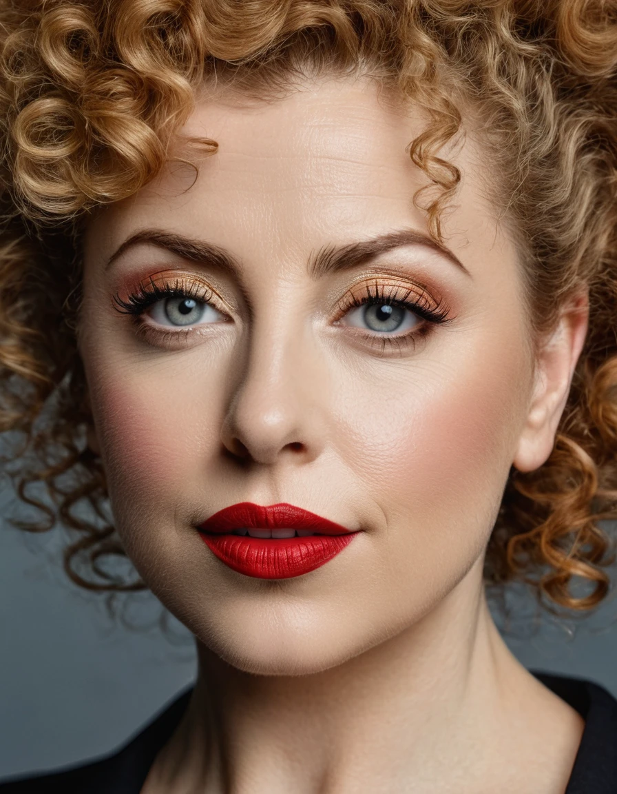 A waist-up portrait of a beautiful female whose facial features are a combination of Lucy Boynton + Alex Kingston. The female has lovely makeup on her face. The female wears red lipstick. Symmetrical eyes. Symmetrical face. Lovely details. Photorealistic. Full-colored photo. Professional photo. Highly detailed 8K.