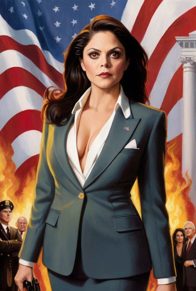 High quality, 1990s sci-fi movie poster, titled “Madam President” in bold large Yellow text on top, the tagline in smaller text “Saving the Union, One State at a Time.” In the center is ((Cecily Strong)), glowing red eyes, dramatic pose, chin up, looking down, thick body, arms crossed, broad shoulders, wide hips, long straight hair, thick thighs, formal suit, (plunging neckline), hands grasping her open shirt, behind her are five varying size headshots of other diverse ethnicity actors staggered against each other. The background is the White House on fire and DC in turmoil.