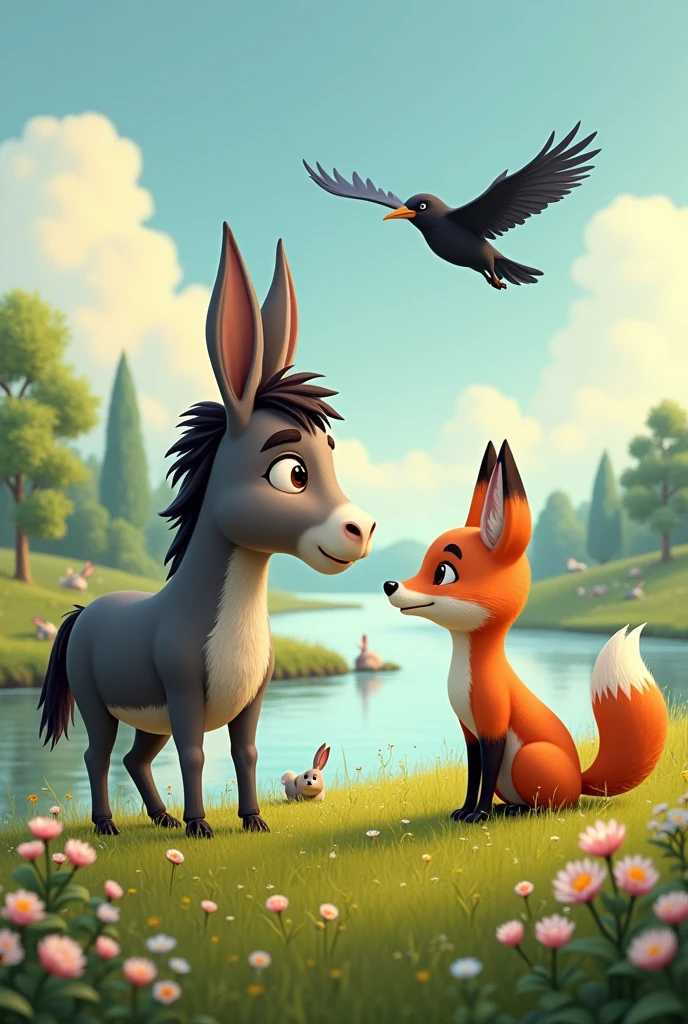 A male donkey is talking to a fox in a field by the river.
There was a rabbit with it. The crow was flying in the sky over the river.