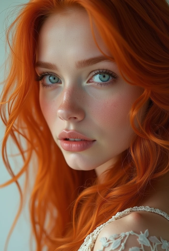 A beautiful model with red hair and blue eyes, wearing earrings, close-up of her face in a half-length portrait against a light background in the style of ultra-realistic photo with feather details and an orange color scheme depicted with high definition and natural lighting. The portrait shows complex detail and super detailed, fine, realistic skin texture.