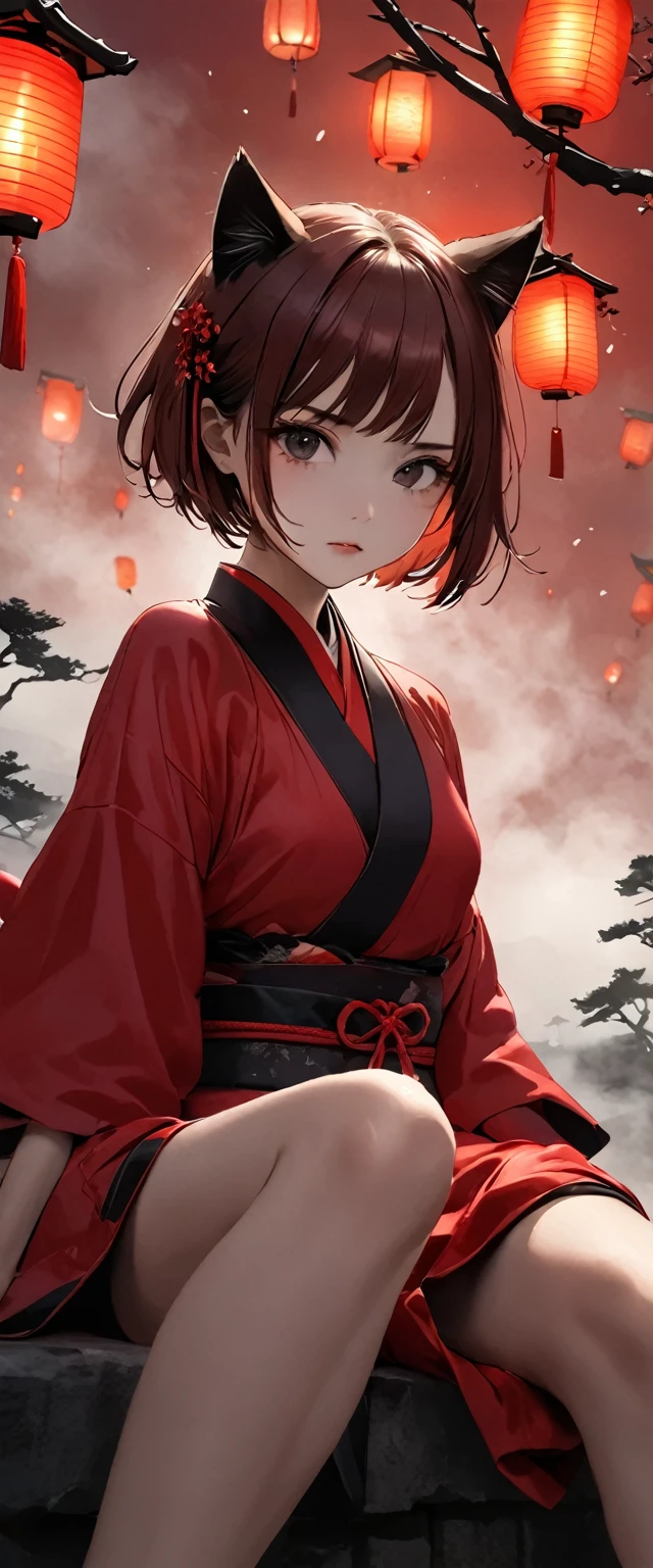 A woman in a shiny scarlet samurai costume。Beautiful feet。sitting on a lantern。Messy red short hair。forehead。Cat ear。Cat Eyes。 White Wilderness。A world of thick fog,。Dark Eyes。clothes are blowing in the wind。Serious expression。knife。Stylish pose。Many small floating lanterns。alone。Japan。Red Sky。Chiaroscuro,Red panties。