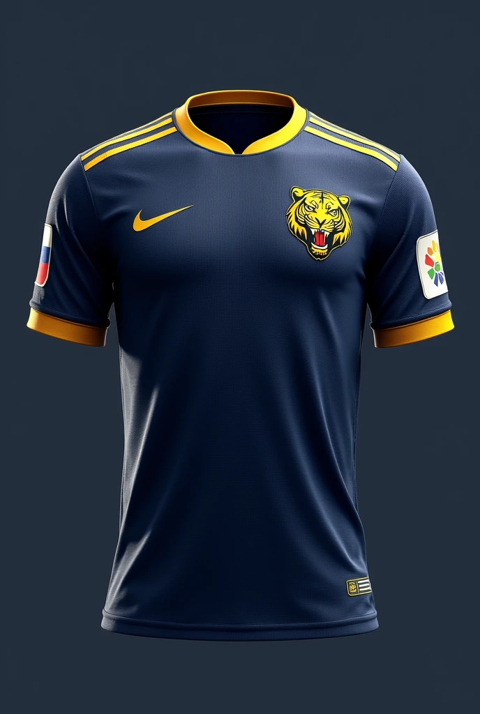 Soccer uniform like Colombia&#39;s, only in dark blue and with gold details, the uniform logo is a tiger 
