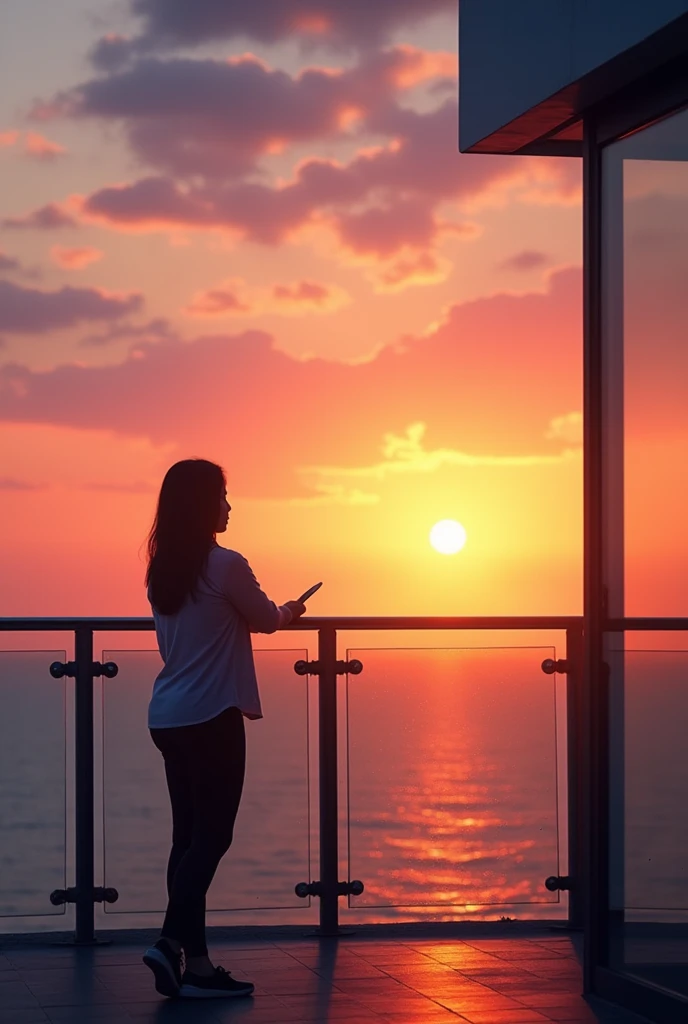 "A serene sunset scene featuring a silhouette of a person standing by a glass railing, overlooking an ocean horizon. The sky is painted in warm shades of orange, pink, and purple as the sun sets. The upper right corner of the image should be filled with a solid #36d267 colour, contrasting with the rest of the sky. The image should be in high definition, suitable as a mobile phone wallpaper."