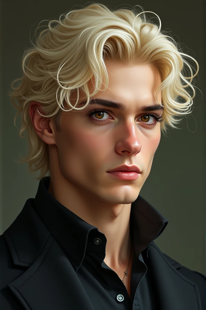 A handsome with white hair, brown eyes, big eyelashes and wavy yellow hair