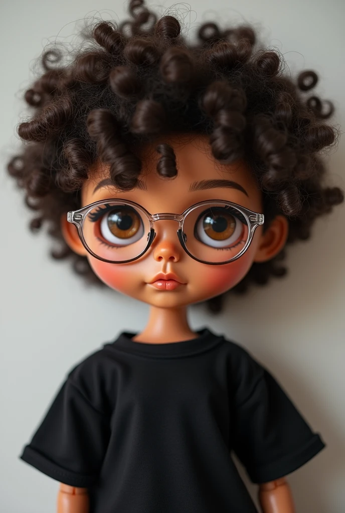 make me a blythe doll with brown skin, with dark brown curly hair and curly fringe too, with brown eyes and clear glasses and with a black T-shirt and thick lips