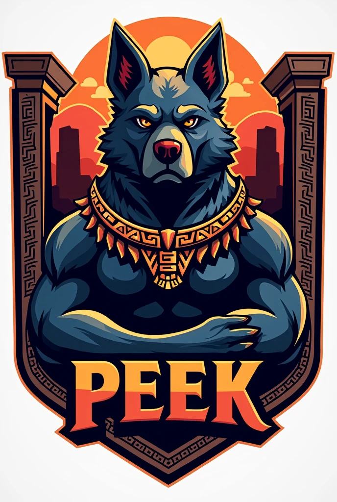 mayan style dog logo, for a sports team named Peek and that has striking colors but the dog looks imposing and that everything is surrounded by a border in the shape of a Mayan shield that has the name Peek with striking words that the border has more Aztec details that has the dog glyph that has more details of Mayan structures in the background and on the shield