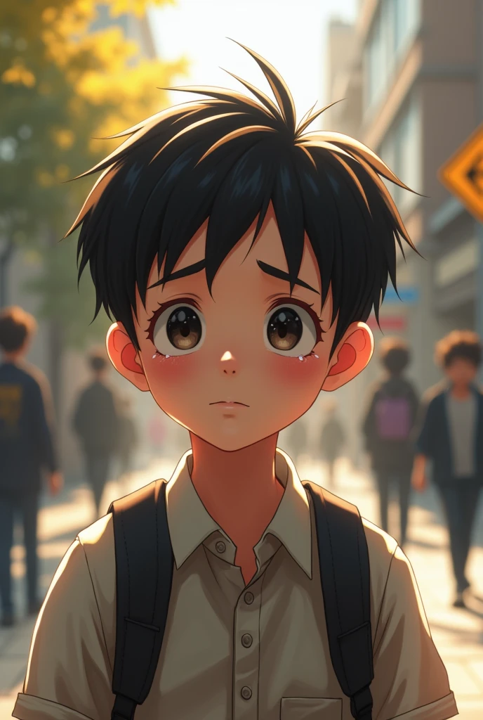 A boy is going school weeping his eye netural beauty