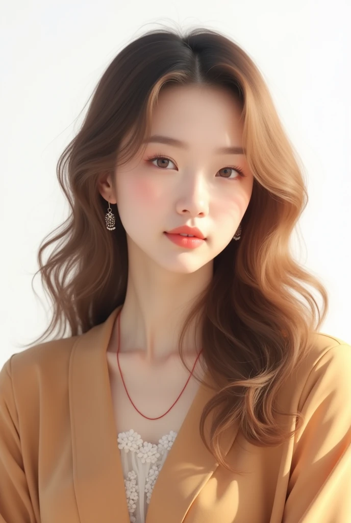 Asian feminine face with soft wavy beige hair。Her hair is long and layered.、In the flowing soft waves、Give a friendly and approachable impression。Background is white。The clothes are camel。