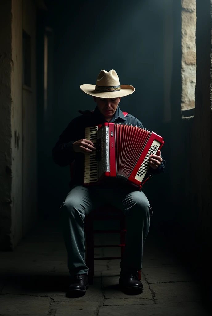Man sitting playing red button accordion in a dark place with his face covered with a Colombian hat

