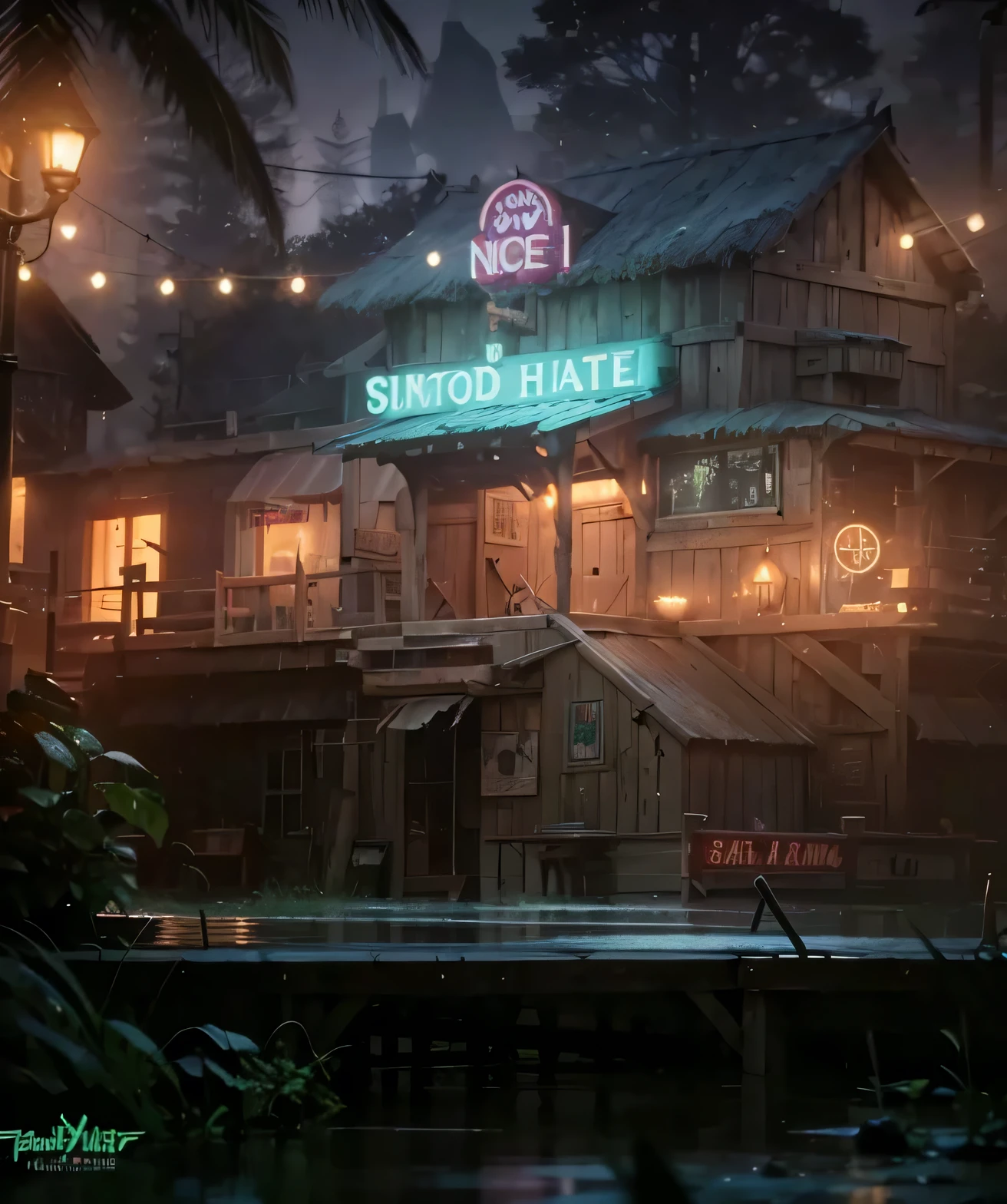 nice swamp hut, neon sign, moody, 3d, stylized, environment art, background art, on water, shore, on a swamp lake, 1 point perspective, entrance, stairs to entrance, add a chair in the middle