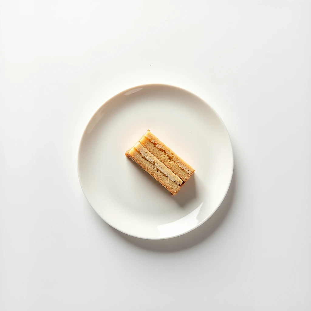 "Top-down angle focusing on a patternless white plate with a neatly arranged slice of cake on a patternless white table."