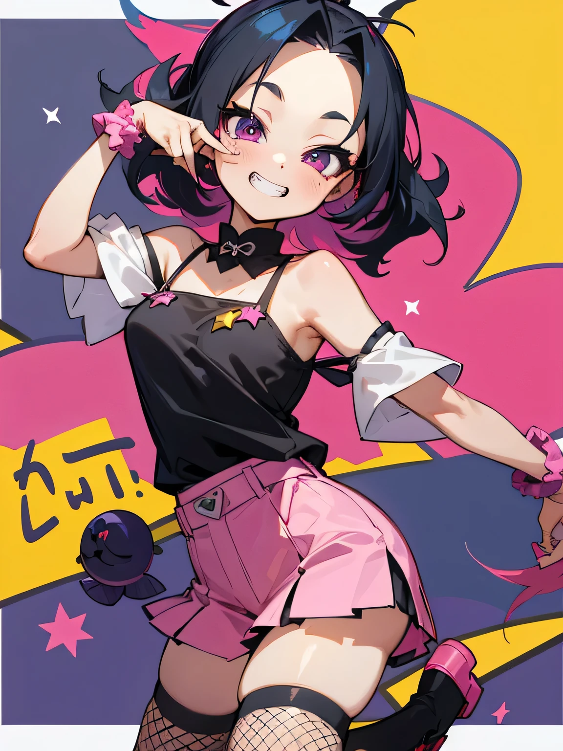 solo,(looking at viewer:1.2),((leaning foward:1.3)), (wariza),close up cute face,multicolor curly sideup hair, (tsurime), big forehead, eyelash, punk lady clothing, offshoulder, black camisole, pink miniskirt, fishnet stockings, punk rock image, Sing a song、(diva),(I am the star)、grin