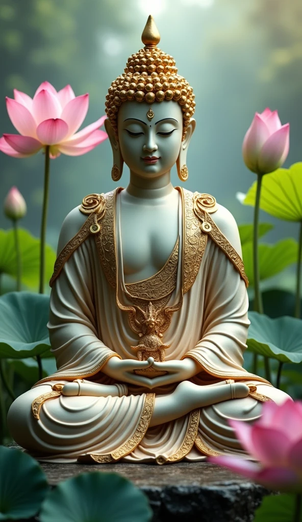 photorealistic portrait of Buddha Statue, gold ornaments, lotus flower background,