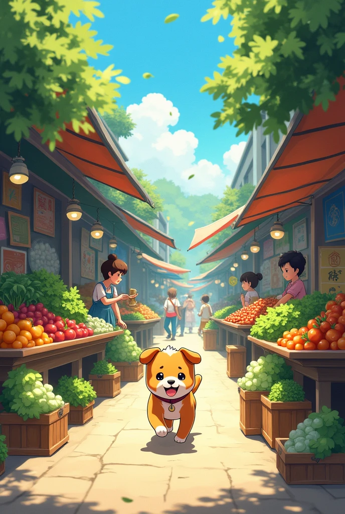 Healing anime style。The sound of hawking in the vegetable market,A variety of stalls,Puppy running on the street