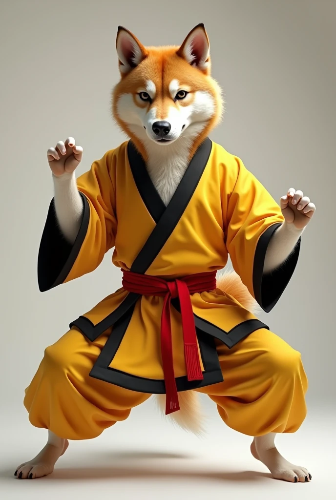 A Shikoku Inu dog. Wearing a Yellow robe with black trims, red belt, and pants. Doing a kung-fu pose.