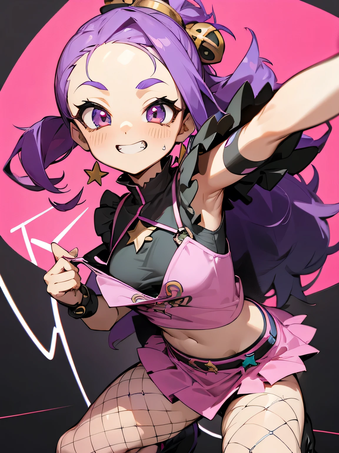 solo,(looking at viewer:1.2),((leaning foward:1.3)), (wariza),close up cute face,multicolor curly sideup hair, (tsurime), big forehead, eyelash, punk lady clothing, offshoulder, black camisole, pink miniskirt, fishnet stockings, punk rock image, Sing a song、(diva),(I am the star)、grin