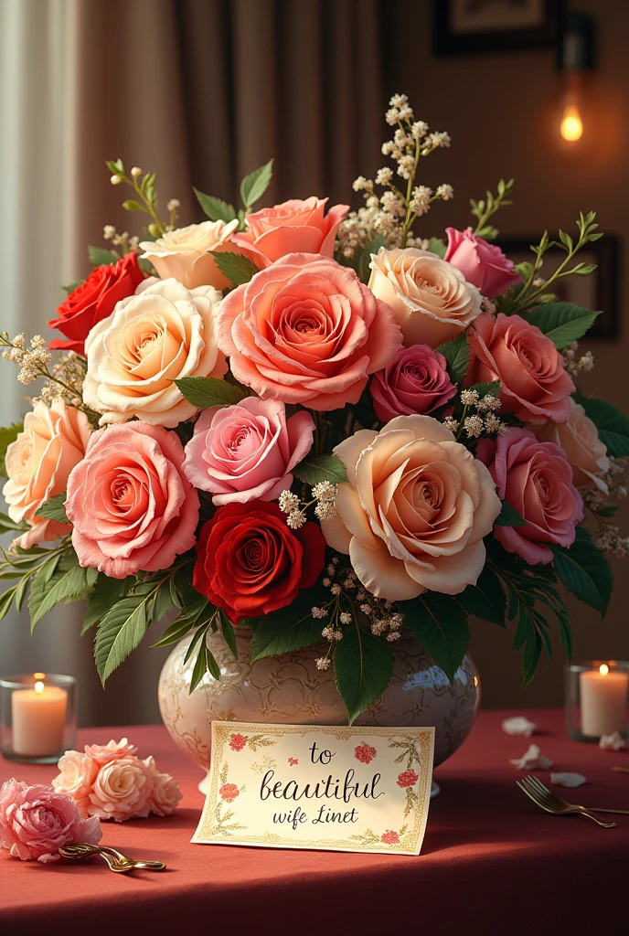 Create a banquet of flowers with a card Written "To beautiful wife Linet"
