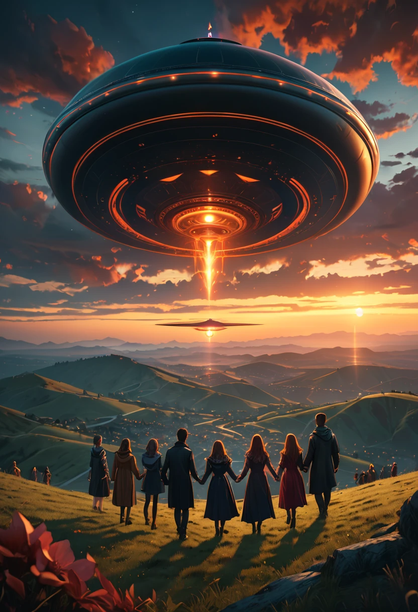 a group of people holding hands in a circle on a hilltop at dusk, summoning a UFO, occult, mysterious, fantasy, 8k, ultra-detailed, realistic, cinematic lighting, dramatic atmosphere, vibrant colors, intricate details, seamless composition, volumetric lighting, depth of field, photorealistic