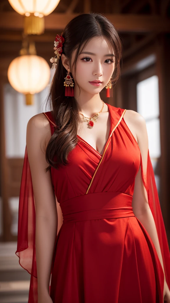 最high quality, masterpiece, High resolution, One person, Chinese Hanfu,Chinese Architect Background, Red scarf, hair ornaments,necklace, jewelry,Beautiful Face,On top of that_body, Tyndall effect,Realistic, Dark studio, Rim Light, Two-tone lighting,(Skin with attention to detail:1.2), 8k uhd, Digital SLR, Soft lighting, high quality, Volumetric lighting, Frank, photograph, High resolution, 4K, 8k, Bokeh,Girl in a red dress