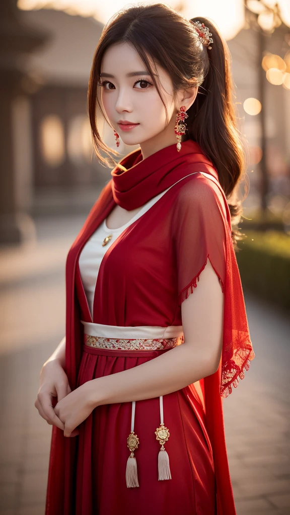 最high quality, masterpiece, High resolution, One person, Chinese Hanfu,Chinese Architect Background, Red scarf, hair ornaments,necklace, jewelry,Beautiful Face,On top of that_body, Tyndall effect,Realistic, Dark studio, Rim Light, Two-tone lighting,(Skin with attention to detail:1.2), 8k uhd, Digital SLR, Soft lighting, high quality, Volumetric lighting, Frank, photograph, High resolution, 4K, 8k, Bokeh,Girl in a red dress