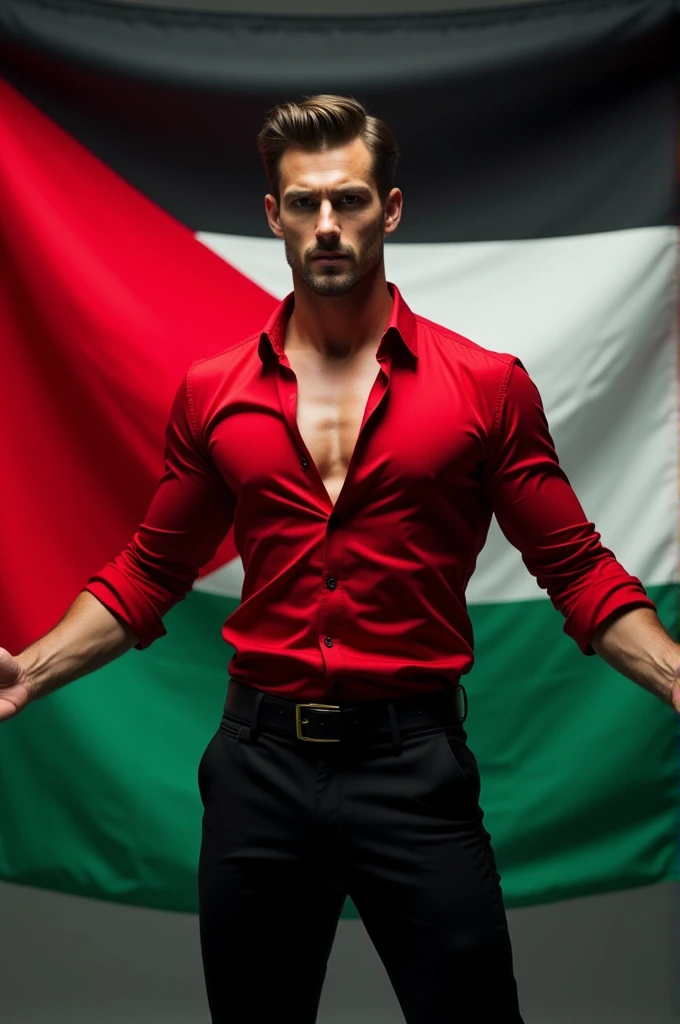 A Palestine flag full background and a handsome hot sexy guy is standing after that background wearing red dress shirt with open buttons and open arms and a black dress pents hot and nice hairstyle 