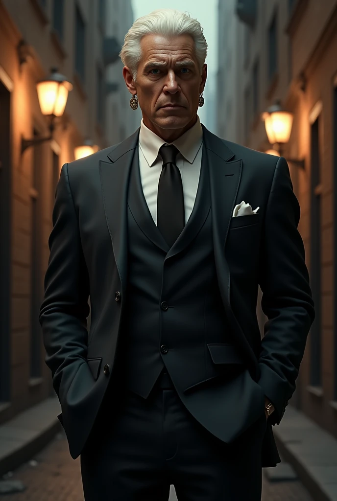 with platinum hair, aretes, mobster in suit