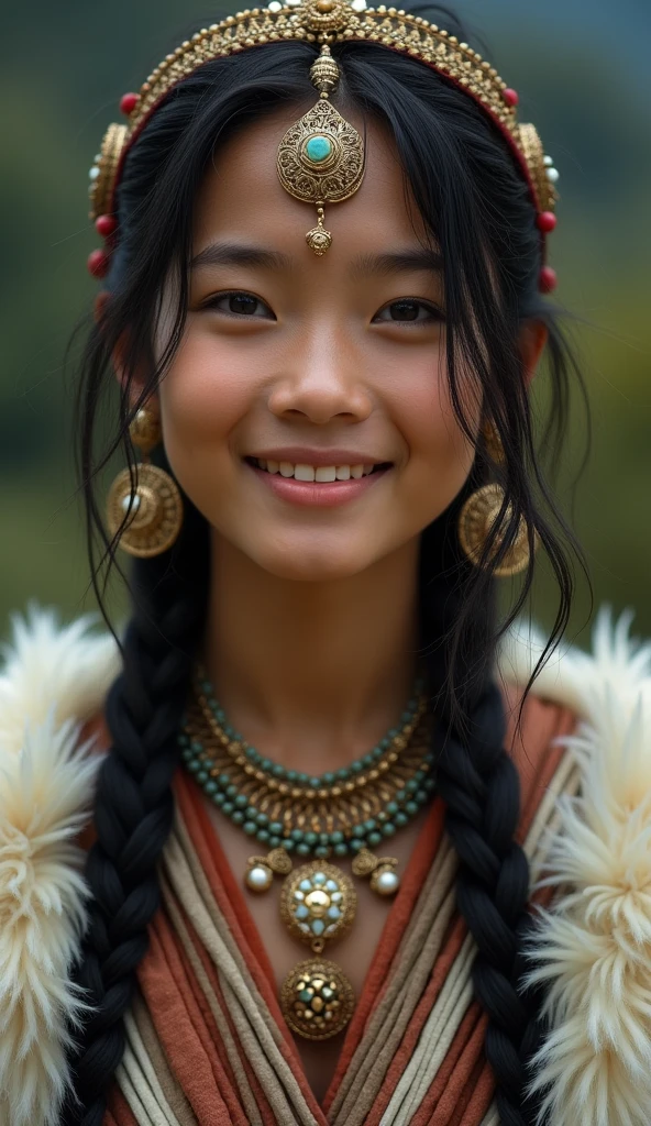 A girl, long braids, Indian girl, close-up, slightly raised head, smile, bust photo, upper body, appearance Yang transcendence, gorgeous Tibetan costume, cumbersome Tibetan necklace, cumbersome Tibetan headdress, fluff on clothes, white animal flull, real person CG, sweet style, film style, HD 4K