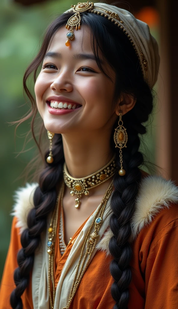 A girl, long braids, Indian girl, close-up, slightly raised head, smile, bust photo, upper body, appearance Yang transcendence, gorgeous Tibetan costume, cumbersome Tibetan necklace, cumbersome Tibetan headdress, fluff on clothes, white animal flull, real person CG, sweet style, film style, HD 4K