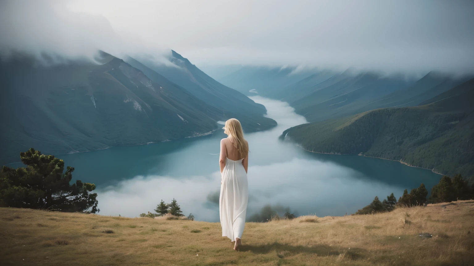 This photo shows a vast and majestic lake view. The morning mist or fog creates a peaceful and deep scene. In the foreground, a 30-year-old American woman with long, blonde hair stands on a mountain, wearing a sexy, backless, seductive top, her back facing the viewer, looking out at the vast landscape ahead. The man looks worried, sad and depressed. The main color of the photo is soft tones.
