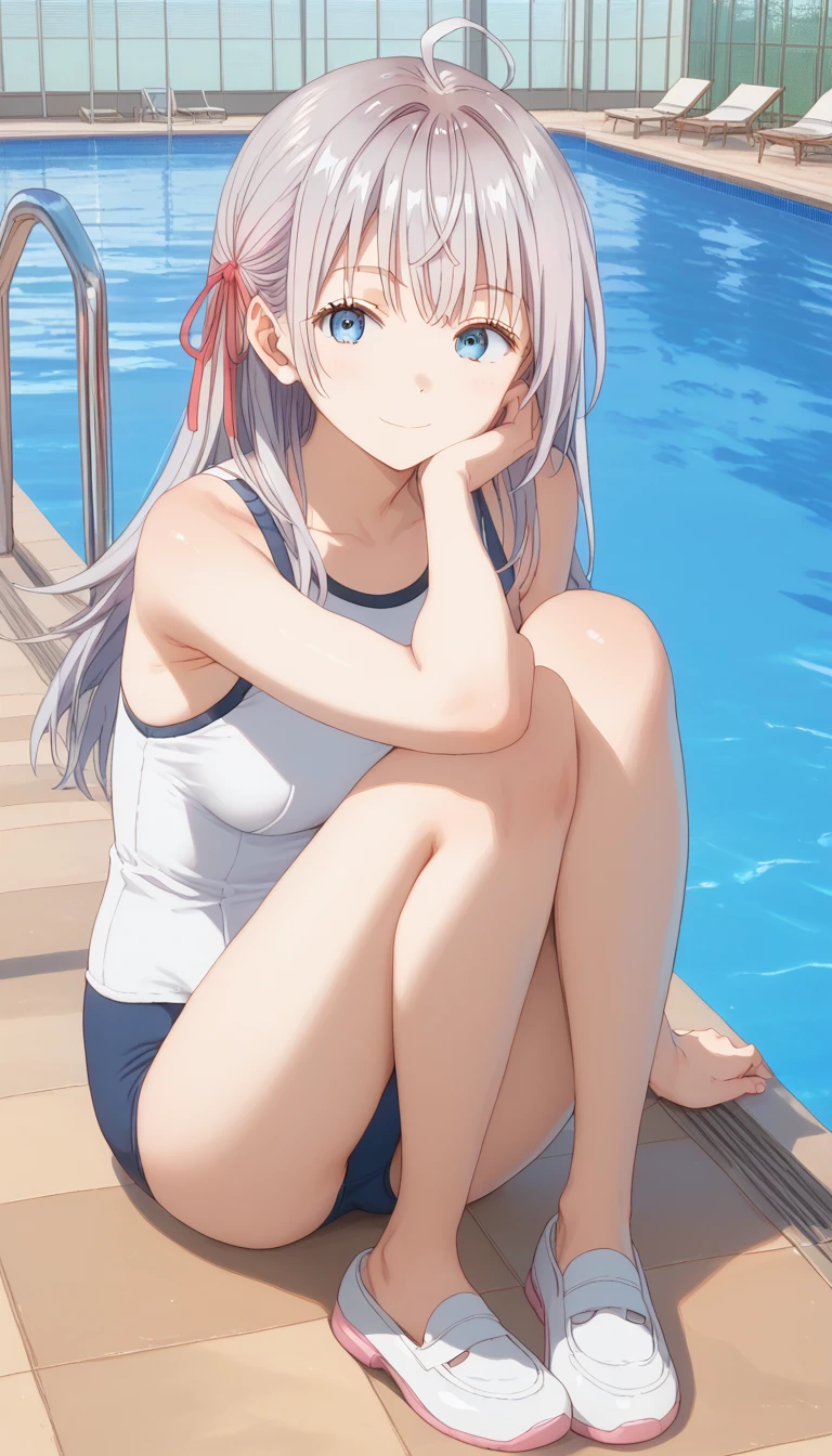 score_9, score_8_up, score_7_up, source_anime, masterpiece, absurdres, medium breasts, mature woman ,perfect face, 1girl, cute expression, smiling, looking at viewer, full body, pool, alisamikhailovna, alisamikhailovna kujou, long hair, bangs, blue eyes, ahoge, gray hair, red ribbon, white school swimsuit