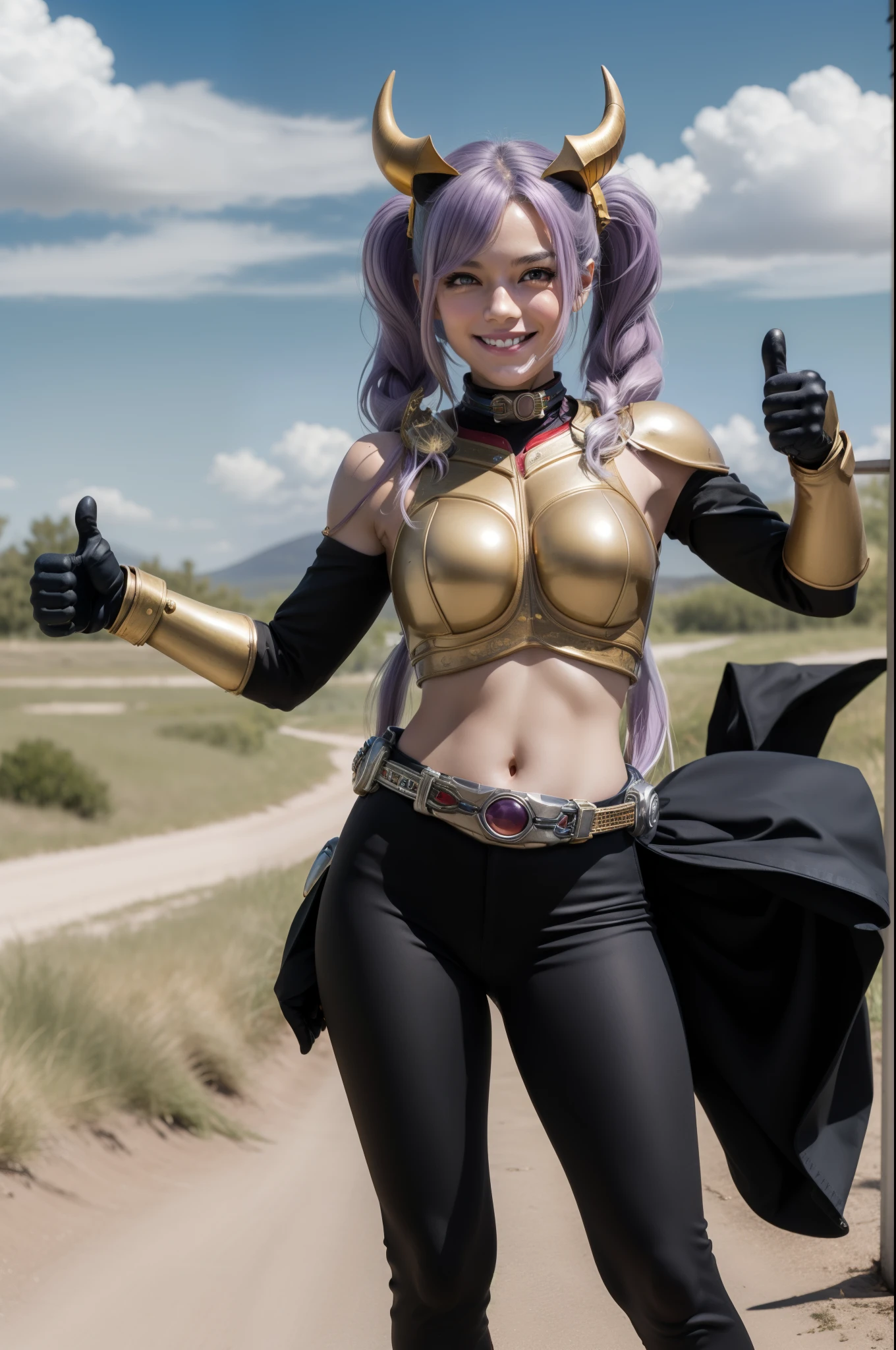 (The CG is very detailed.), (best quality), perfect face, Shiny skin, Shiny skin,wide hips, 1 girl,alone , Eukinetics,light purple hair,very long hair,low Twintail,Ahoge, purple eyes, Twintail, long hair,Mighty Cougar, ,Yellow horns,red armor, rider belt, glove, Diaphragm,navel,gold,,armor,belt,gag,bare shoulders, Thumbs up, smile,full body,