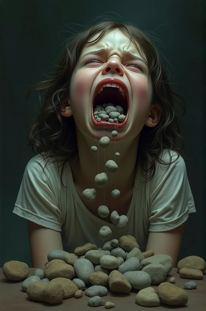 A girl vomiting stones