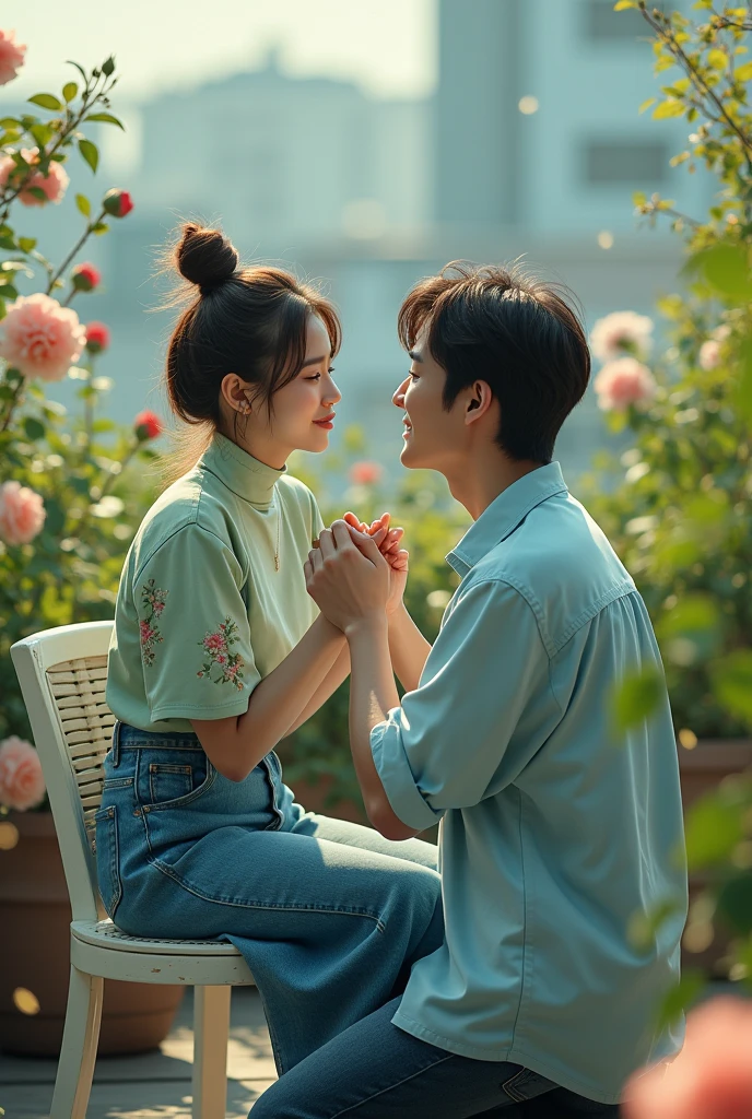 a beautiful japanese woman with messy bun highlighted brown hair, turtle neck light green ((floral print fabric)) inner top and blue jeans skirt, the woman is is sitting on the white garden chair in a rooftop garden, roses vines, the woman's face was sulky looking at the man's eyes, man is on his knee infront of woman and hold her hand. the man is handsome japanese man wearing loose ((satin)) light blue shirt and jeans. particles and nice lighting, UHD, HDR, 8k, Masterpiece, close up, realistic, hyper realisitc, man is facing camera, focus on his smiley face. photo taken from woman's back, over shoulder shot.