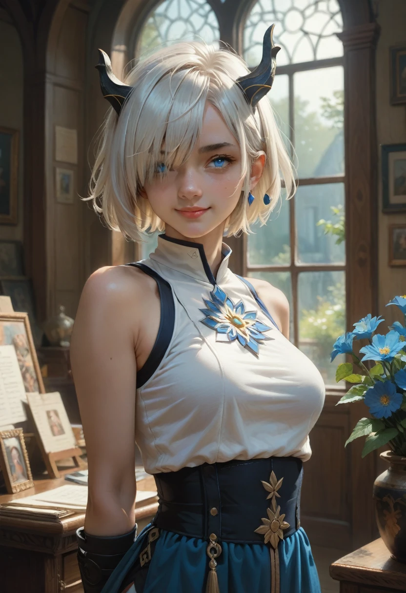 1girl, bethel, blue eyes, bare shoulders, breasts, medium breasts, short hair, white hair, hair over one eye, bangs, gloves, sleeveless, solo, shirt, fingerless gloves, white shirt, sleeveless shirt, arms behind back, off shoulder, horns, smile, (masterpiece), (best quality), (ultra detailed), indoors, simple background, blue flowers, 