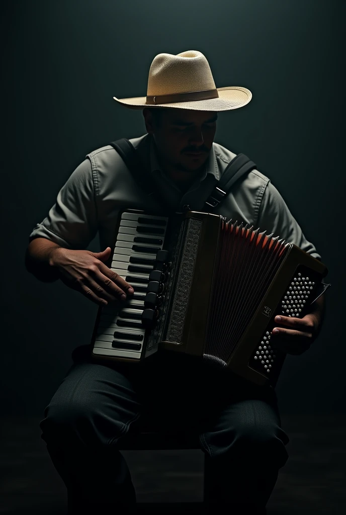 Man sitting playing button accordion in a dark place with his face covered with a Colombian hat
