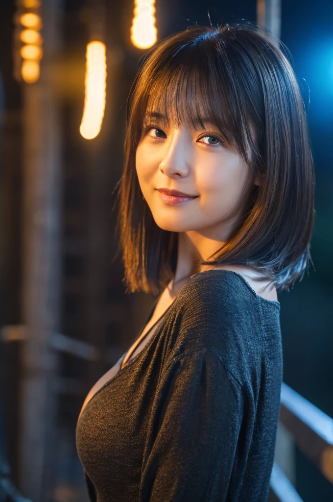 (Highest quality,masterpiece:1.3,Ultra-high resolution,),(Very detailed,Caustics),(Realistic:1.4,RAW shooting,)（Downtown at night、Neon Signs）Ultra-Realistic Capture,Very detailed,High resolution 16K suitable for human skin、 （I like tight knits、Accentuated breasts）Natural skin texture、、Skin tone is even and healthy looking、 Use natural light and colour,One Woman,Japanese,,cute,Brown Hair,Mid-length hair,(Written boundary depth、chromatic aberration、、Wide range of lighting、Natural Shading、)、(Outdoor lighting at night:1.4)、(Hair swaying in the wind:1)、short hair、Outward flicked edge