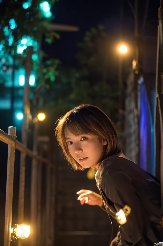(Highest quality,masterpiece:1.3,Ultra-high resolution,),(Very detailed,Caustics),(Realistic:1.4,RAW shooting,)（Downtown at night、Neon Signs）Ultra-Realistic Capture,Very detailed,High resolution 16K suitable for human skin、 （I like tight knits、Accentuated breasts）Natural skin texture、、Skin tone is even and healthy looking、 Use natural light and colour,One Woman,Japanese,,cute,Brown Hair,Mid-length hair,(Written boundary depth、chromatic aberration、、Wide range of lighting、Natural Shading、)、(Outdoor lighting at night:1.4)、(Hair swaying in the wind:1)、short hair、Outward flicked edge