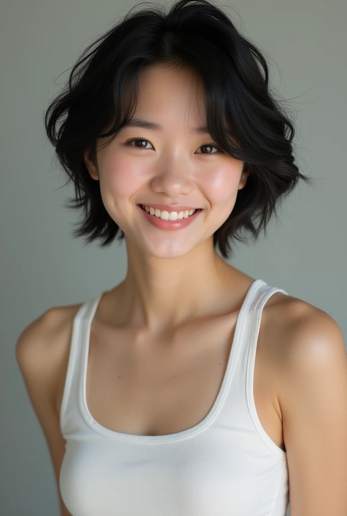 ((best quality)), ((masterpiece)), (detailed), perfect face, a short hair Chinese girl smiling to the camera Chinese girl using white tanktop, reveal part Hof her chest (Cleavage) and only her half upper body show on the photos, His short hair was a little messy, small breast, flat chest, flat breast, tiny  