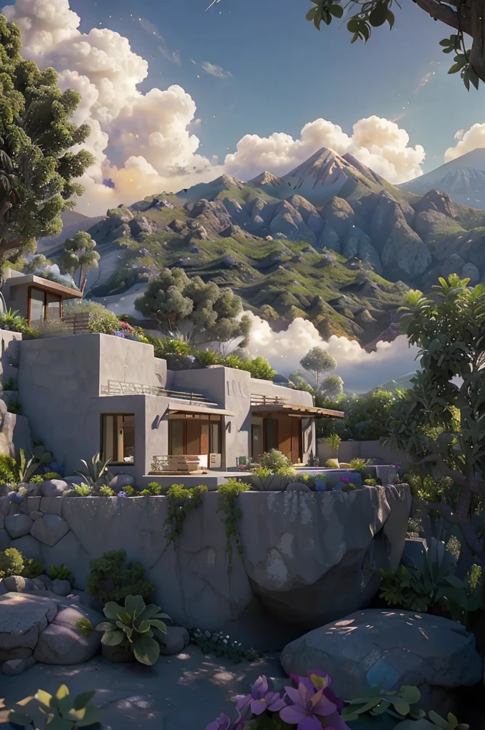 small and beautiful modern house in top of big boulders, terraces, pool, stairs, multiple cacti gardens, palms, trees, rocks, beautiful landscape design, mountains and volcano y background, amazing clouds, sun, moon, planets, milky way galaxy, concrete, wood, glass and steel materials, olive green, violet, orange and withe colors in facade