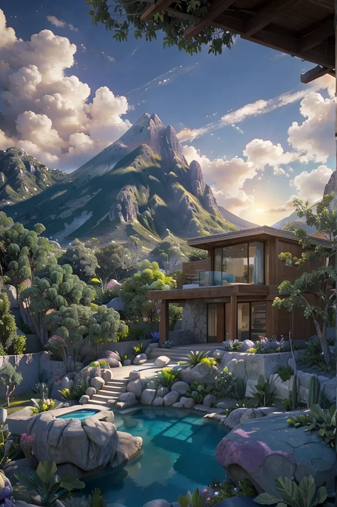 small and beautiful modern house in top of big boulders, terraces, pool, stairs, multiple cacti gardens, palms, trees, rocks, beautiful landscape design, mountains and volcano y background, amazing clouds, sun, moon, planets, milky way galaxy, concrete, wood, glass and steel materials, olive green, violet, orange and withe colors in facade