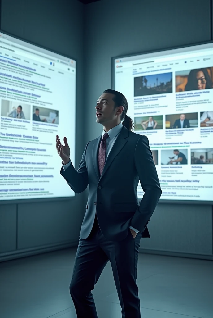 Man in suit with briefcase in hand with long hair tied up talking and showing the Google searches that are giant behind him