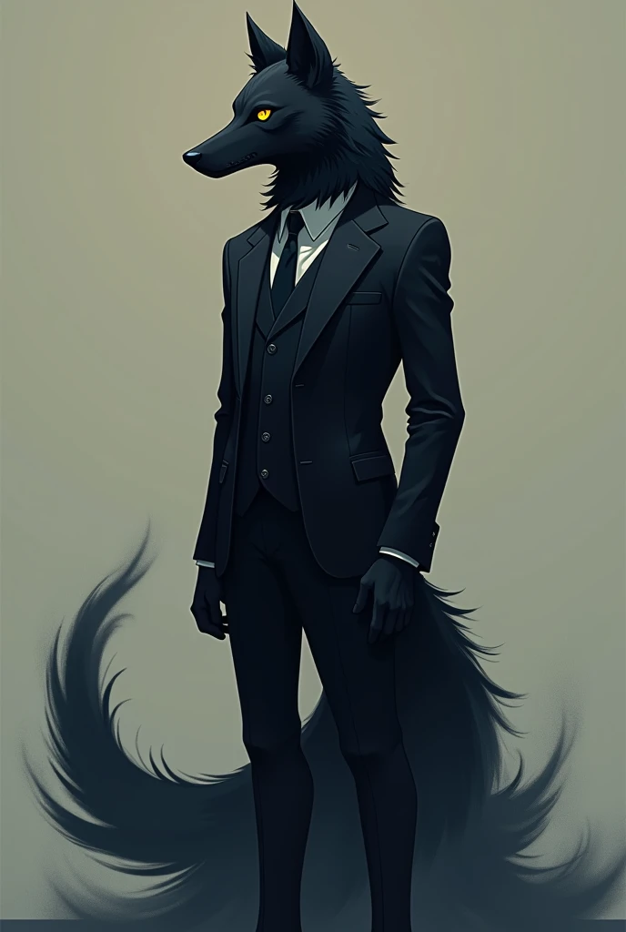black furred wolf, yellow eyes, wearing formal suit controlling his shadow 2D anime style