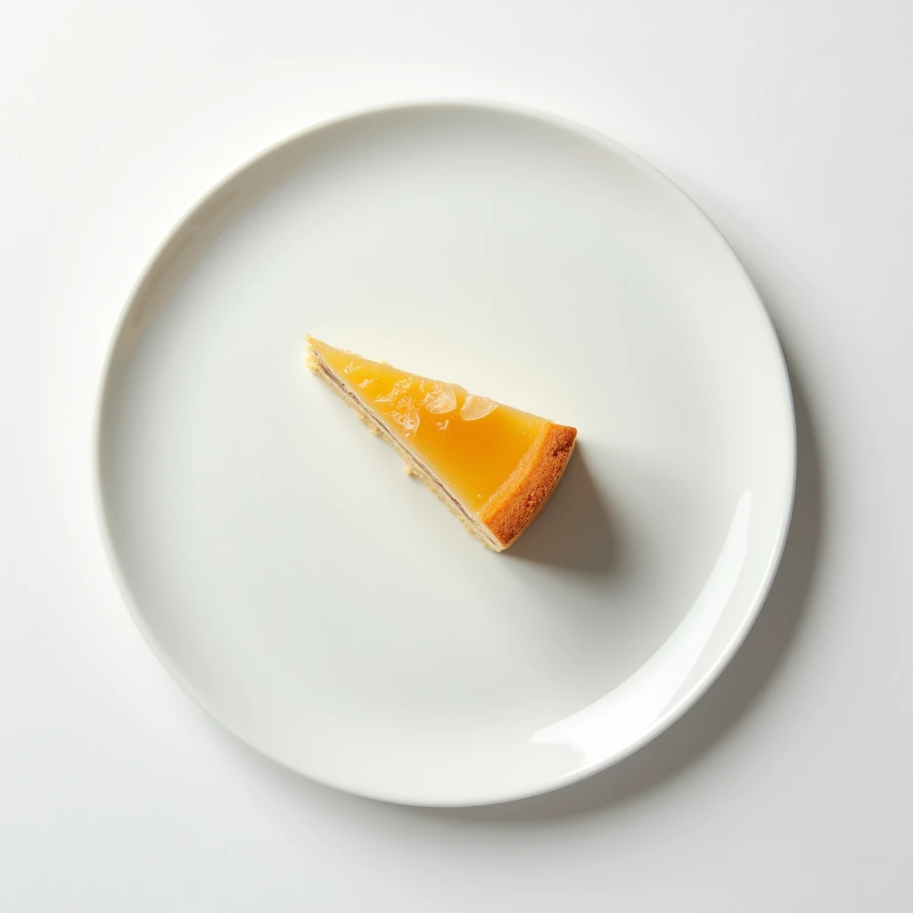 "Top-down angle focusing on a patternless white plate with a neatly arranged slice of cake on a patternless white table."