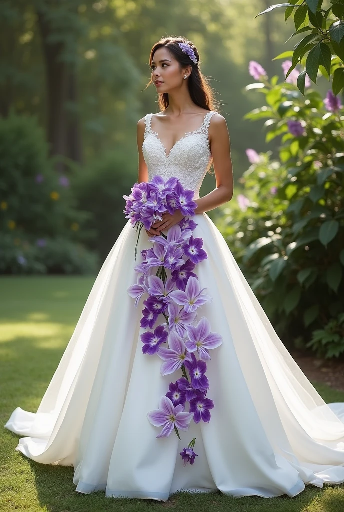 A white wedding dress with purple lilies on the dress for a chuby woman