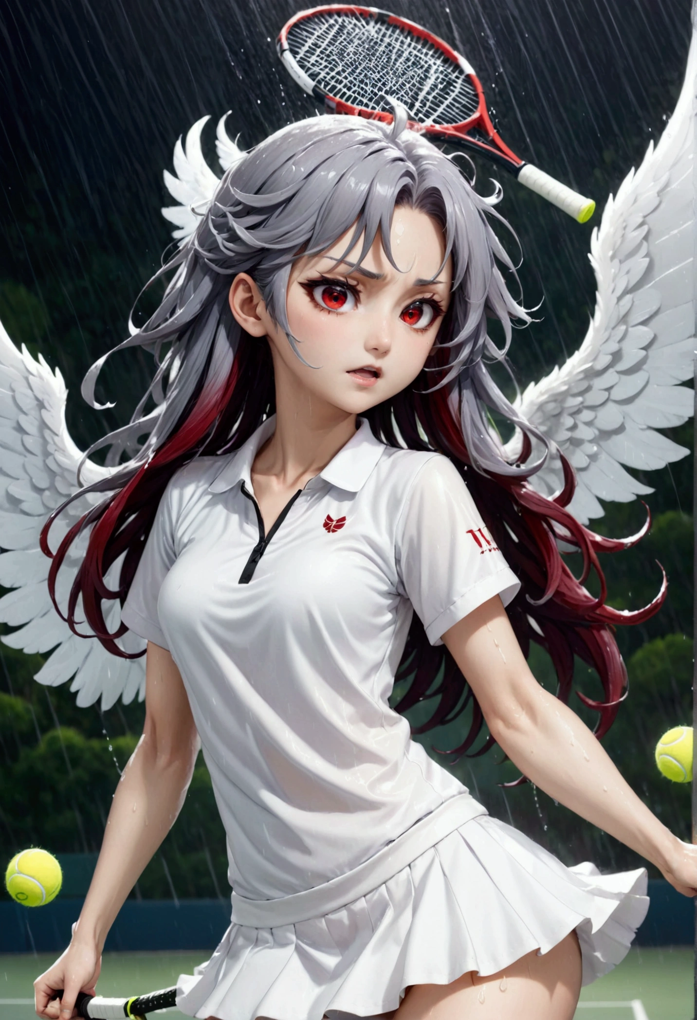 8k, Highest quality, Manga style, View your viewers, Intricate details,One person, Nakiri Ayame, (Six alternating white angel wings and black devil wings), 2Demon horns in the book, Multicolored Hair, Long Hair, Red eyes, Gray Hair, Tennis Wear, tennis racket, The moment the tennis ball is hit back, Sweating, Full body portrait, Being hit by rain, Soaking wet