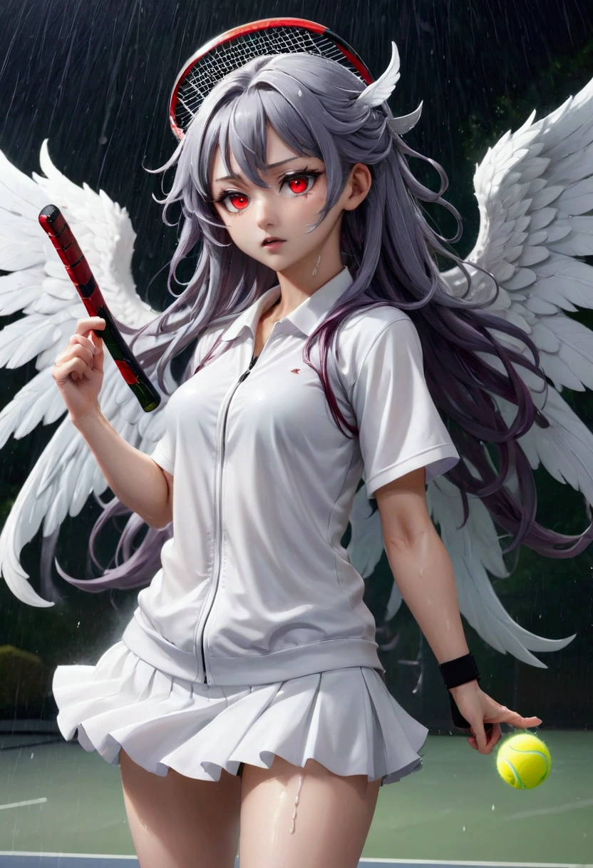 8k, Highest quality, Manga style, View your viewers, Intricate details,One person, Nakiri Ayame, (Six alternating white angel wings and black devil wings), 2Demon horns in the book, Multicolored Hair, Long Hair, Red eyes, Gray Hair, Tennis Wear, tennis racket, The moment the tennis ball is hit back, Sweating, Full body portrait, Being hit by rain, Soaking wet