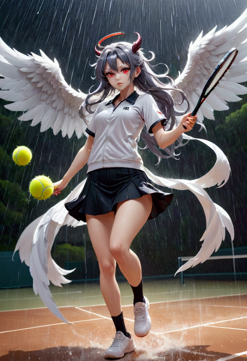 8k, Highest quality, Manga style, View your viewers, Intricate details,One person, Nakiri Ayame, (Six alternating white angel wings and black devil wings), ２Demon horns in the book, Multicolored Hair, Long Hair, Red eyes, Gray Hair, Tennis Wear, tennis racket, The moment the tennis ball is hit back, Sweating, Full body portrait, Being hit by rain, Soaking wet