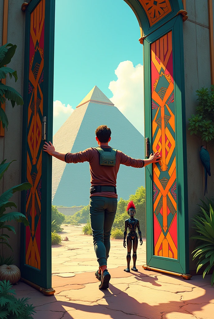 Un homme avec des vêtements futuristes pousse des deux mains des portes futuristes  avec des figures géométriques de couleurs différentes sur la porte et devant lui une pyramide avec de l'herbe et des animaux ,le tout ressemblent à la peinture que j'ai publié et un robot et à côté devant une des portes et le personnage caucasien avec un Péroqué sur l'épaule. 